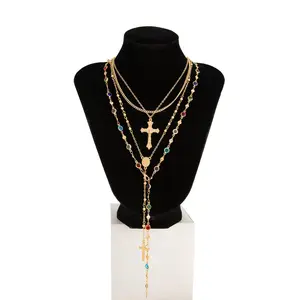 Gold Layered Cross Necklace Set for Women – Virgin Mary Pendant & Colorful Rosary Beads, Trendy Layered Chains, Statement Fashion Jewelry, Beaded Accessories Gifts