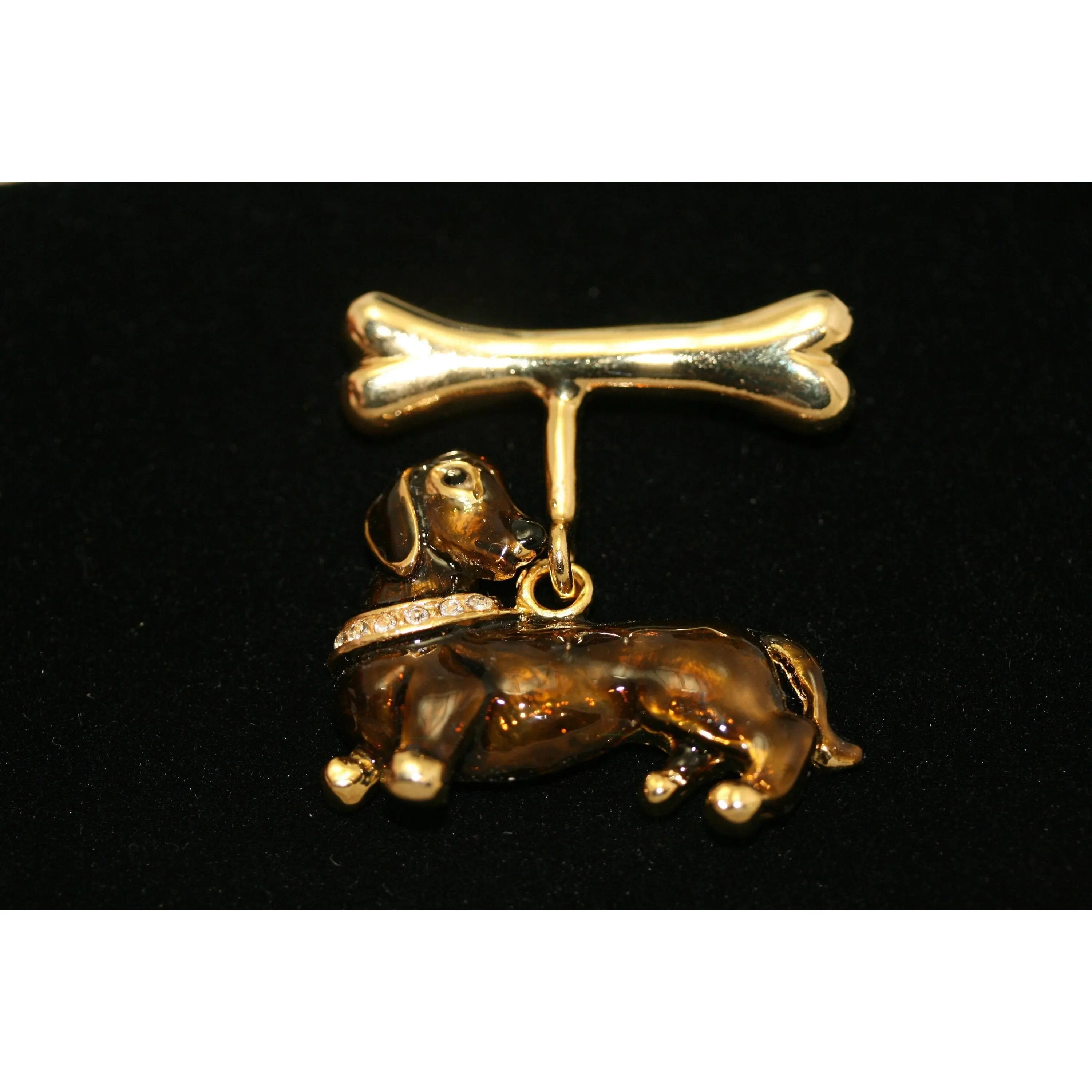 Cute Vintage Animal Shape Dachshund Brooch Pin - Enamel Metal Jewelry with Pave Rhinestones and Dangle Bone, 1.5" Wide x 1.75" Tall (1.5x1.75"), Gift for Dog Lovers, Dachshund Owners, Gift For Dachshund Owners