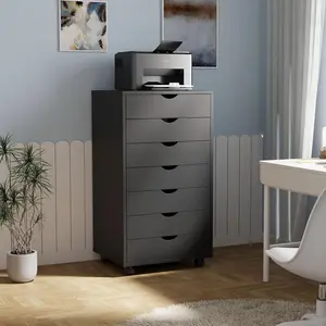 Black 7-Drawer Mobile Cabinet with Wheels - Wooden Dresser & File Organizer for Home/Office,  Durable MDF, Easy Assembly & Brake Wheels