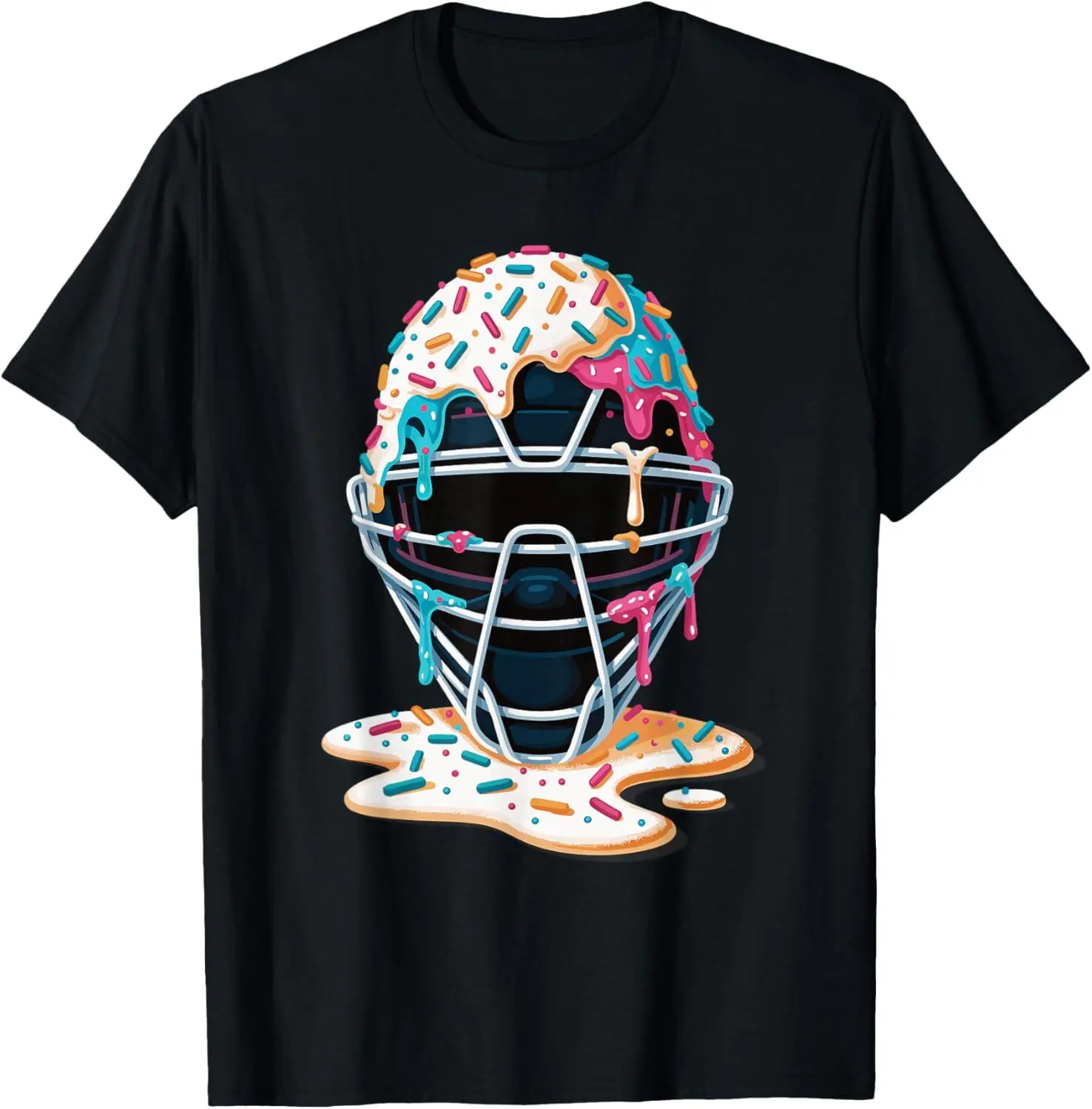 Baseball Catcher Mask Ice Cream Dripping Baseball Fan Boys T-Shirt Cotton Fabric