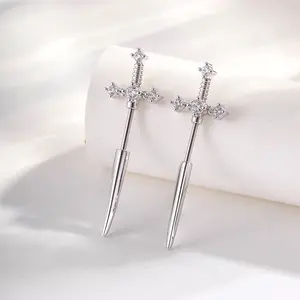 Micro-Pave Zircon Sword Cross Earrings - Screw-Back Helix Piercing Studs for Couples