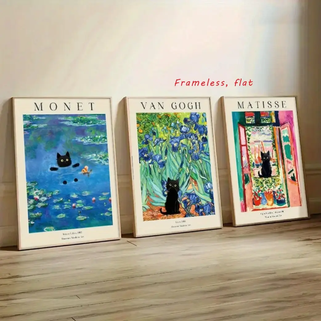 3-piece set, Art Work For Wall Decor, canvas prints of masterpieces by renowned artists, Monet, Van Gogh, and classic cat illustrations with modern interpretations, High-definition, waterproof, frameless, Canvas Art Wall, Creative Wall Art