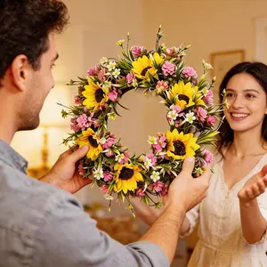 Sunflower Wreath, Spring Summer Colorful Flower Ring, Ideal For Easter Mother's Day Gift, Party Decoration, Home Garden Decor