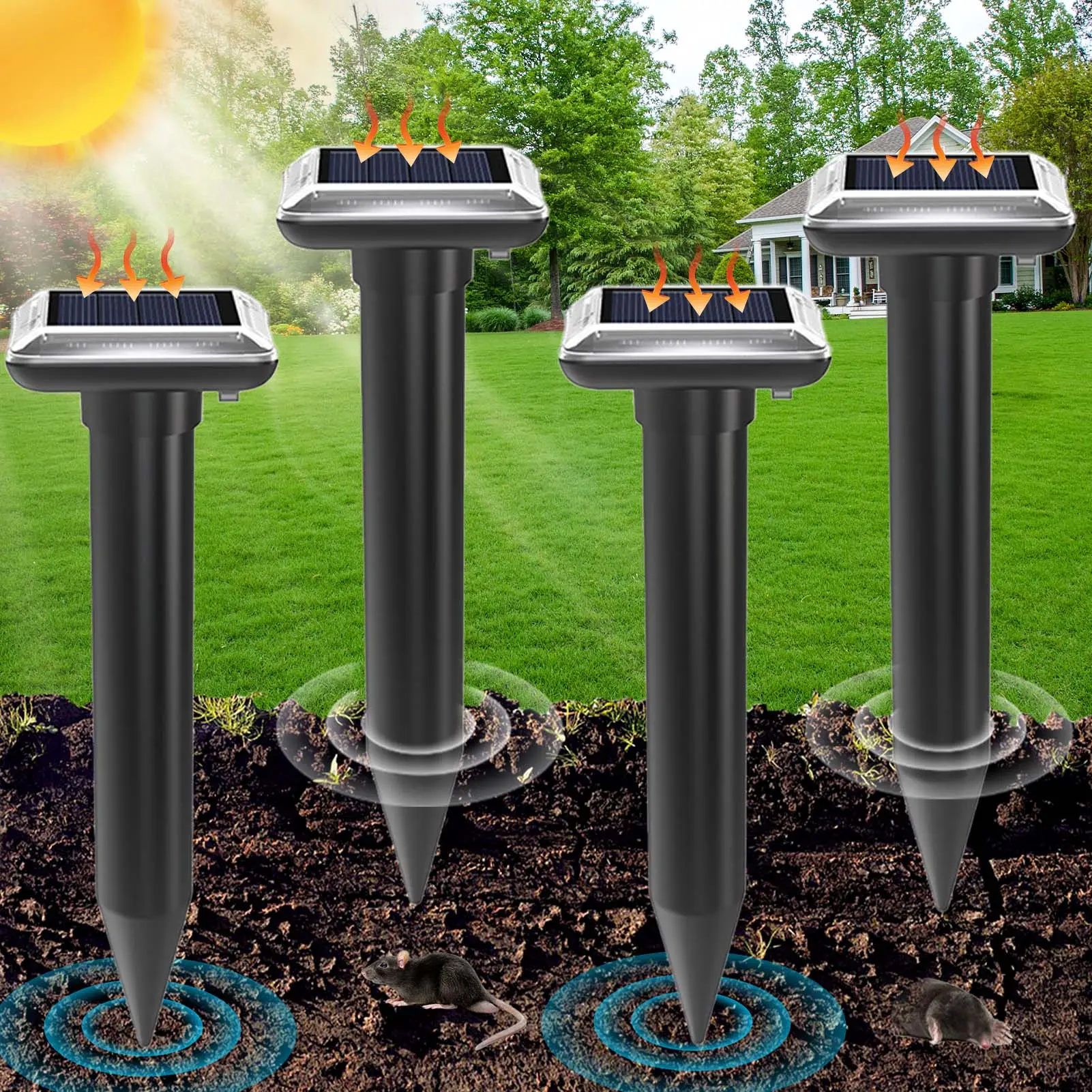 Solar Powered Ultrasonic Animal Repellent Device, IP65 Waterproof, Repels Pests Including Snake, Cat, Mole, Vole, Rat, Raccoon, Deer, Gopher, Rabbit for Lawns Garden