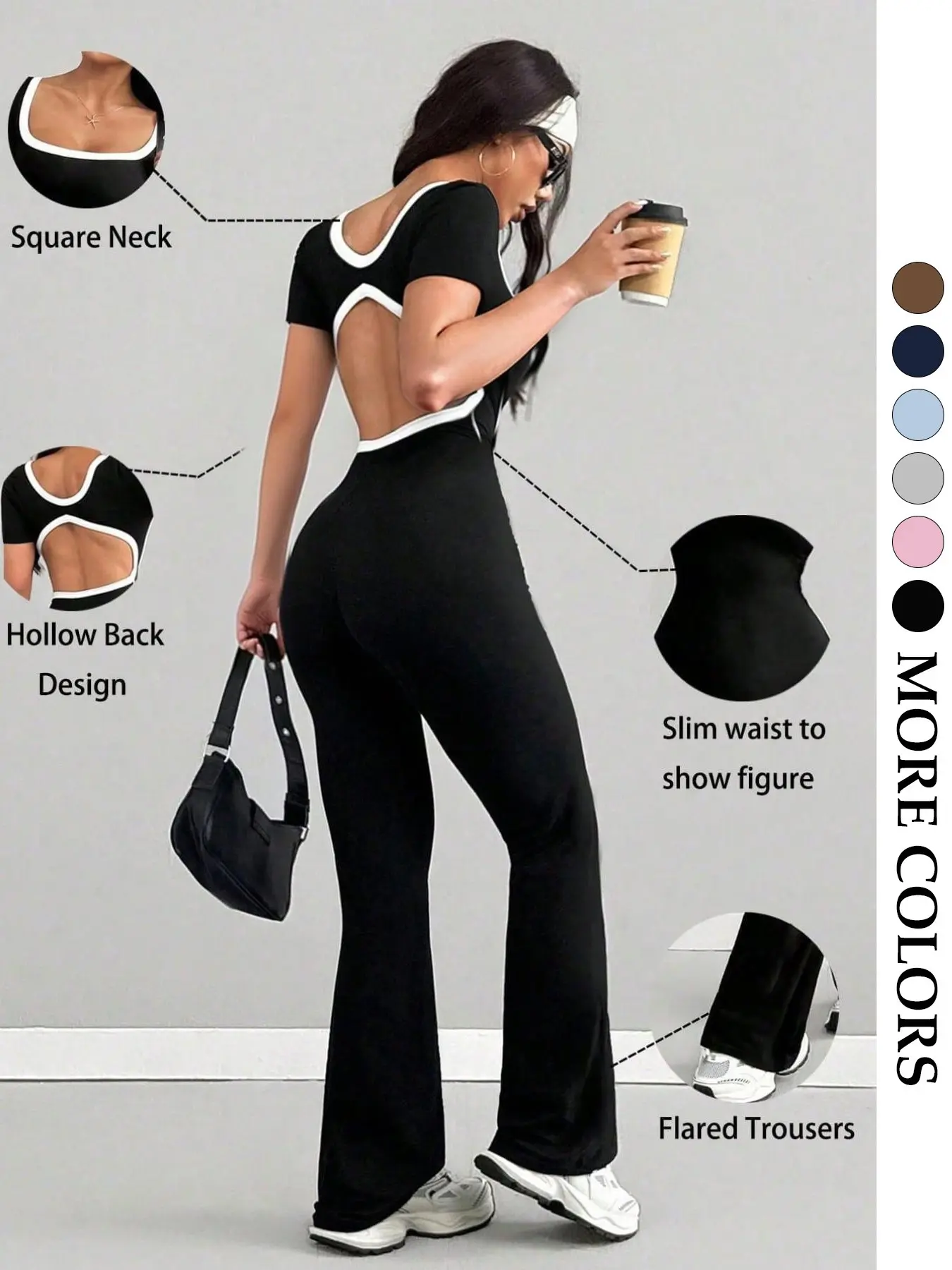 Women's Summer Square-Neck Contrast-Back Short-Sleeve Jumpsuit, High-Stretch Slim-Fit Casual Sporty One-Piece