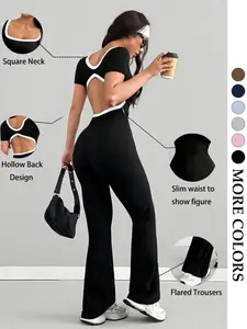 Women's Summer Fashion Square Neck Contrast Back Short Sleeve Solid Color Jumpsuit, Slim Fit Waist Cinch Butt Lifted Leg Skinny Jumpsuit, Casual Sports Daily Wear