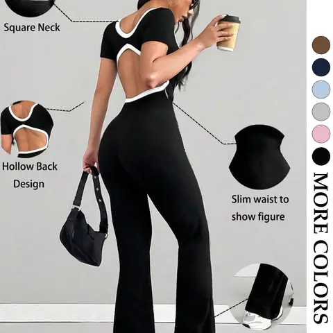 Women's Summer Fashion Square Neck Contrast Back Short Sleeve Backless Jumpsuit, High Elasticity, Fitted, Casual, All Seasons, Music Festival Wear