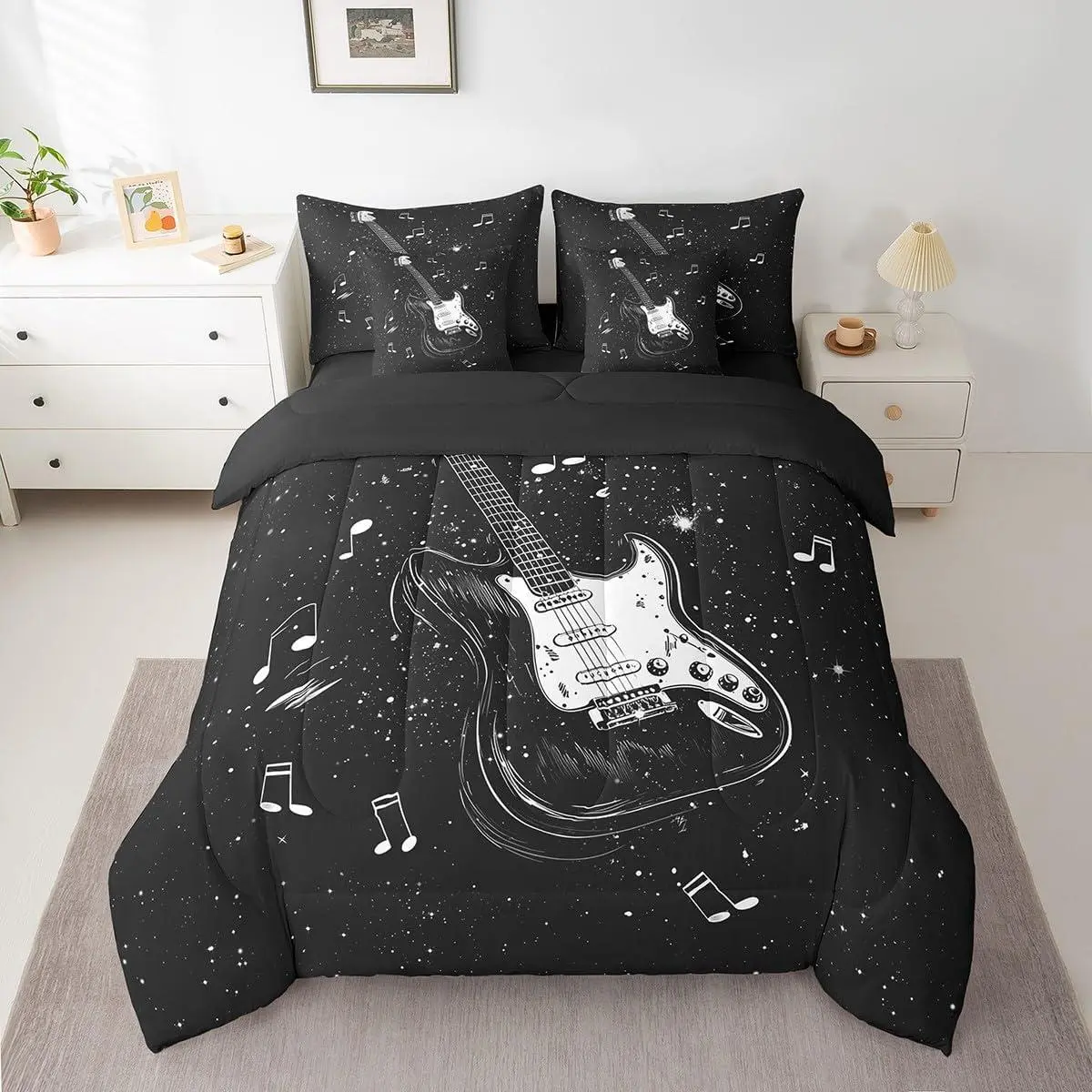 Music 7 Pieces Bedding Set Guitar Comforter Set with Sheets Guitar Instruments Bed in a Bag Rock Music Bed Set