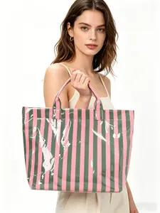 Colorful Striped Large Capacity Tote Bag, PVC Waterproof Material, Fashionable Accessory for Casual, Vacation, Beach, Multi-Scene Use, Beach Bags