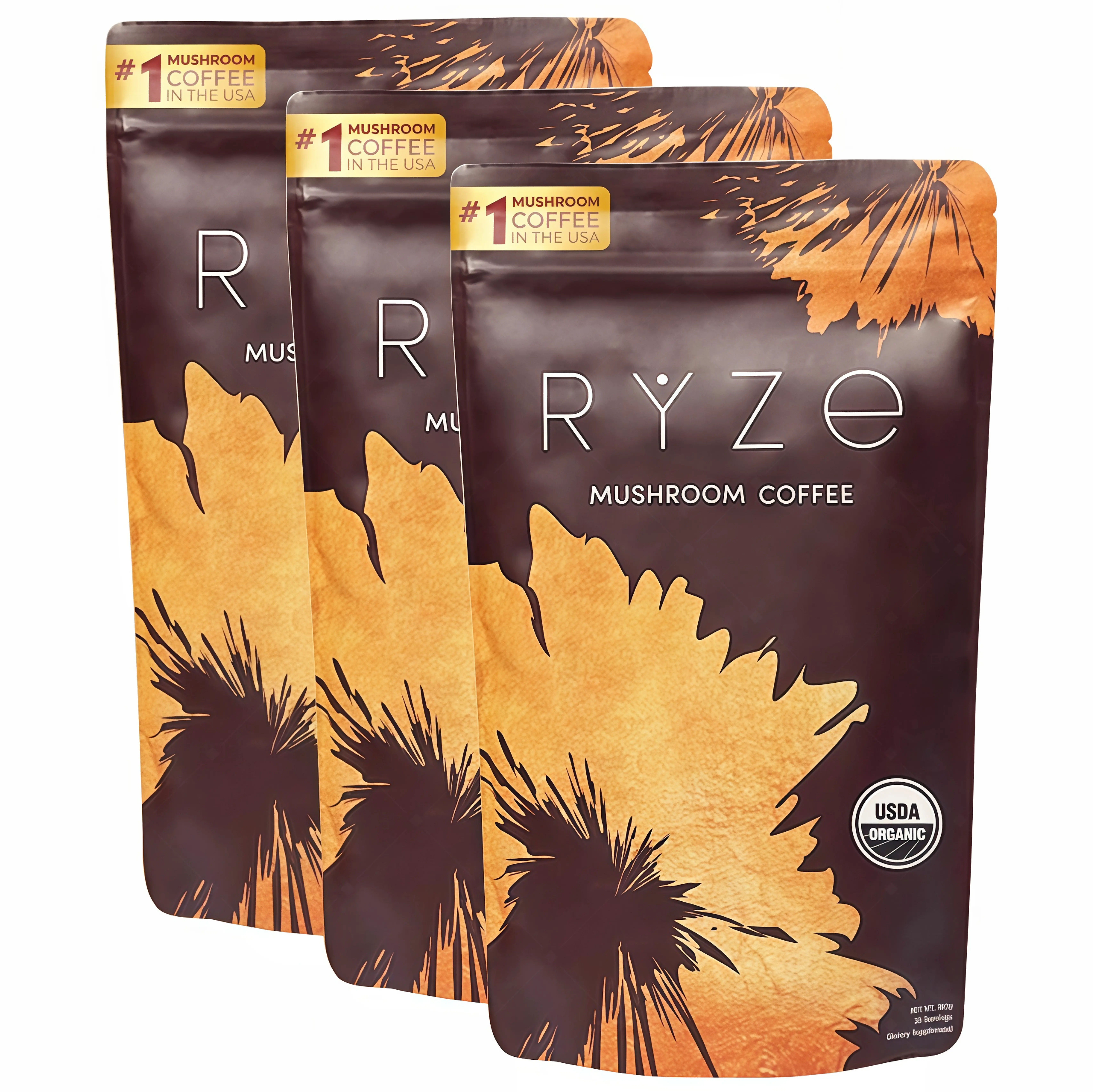 3 Piece RYZE Mushroom Coffee USDA Organic with 6 Adaptogenic Mushrooms and MCT Oil BX USA Grown Instant Coffee for Better Energy, Focus, Digestion, Immunity with Turkey Tail, Shitake, Lion's Mane, 30 Servings Vitamin