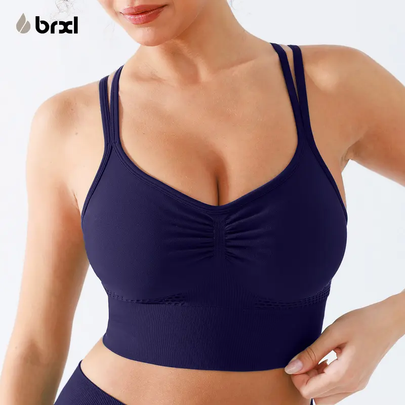 BRXL Women's Seamless V-Neck Wireless High Waist Stretchy Nylon Fabric Plain Casual Sports Bra - Crisscross Back, Cool Iron Friendly for Daily Outings & Sports