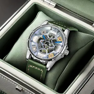 New Lucky Four-Leaf Clover Fashion Men's Hollow Mechanical Watch Green Leather Strap Watch