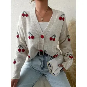 Elegant V neck long sleeve cherry pattern cardigan-button front WOMEN'S CLOTHING for Fall & Winter