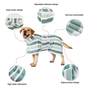 Multi-Color Striped Dog Bathrobe, Quick Dry Easy Clean Pet Towel Robe with Adjustable Fasteners, All-Season Post-Bath Gown in Pink Green Gray