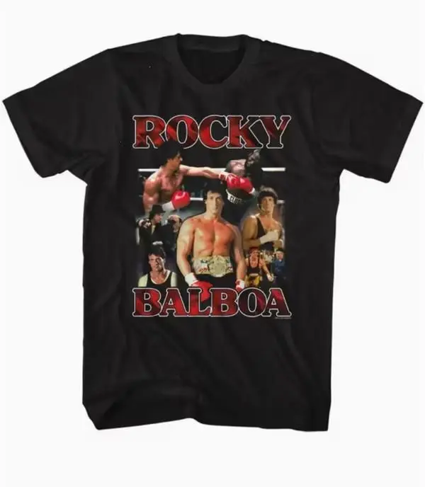 Men'S Official Rocky Balboa Movie Graphic T-Shirt -  Black with Red And White Boxing Print, Featuring The Iconic Training Scene of Rocky Balboa And Apollo Creed, Round Neck Casual Shirt, a Collectible Gift for Fan