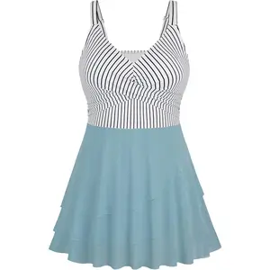 Women Plus Size One Piece Swimsuits Mesh Ruffle Swimdress Modest Bathing Suit Front Cross Swim Suits with Bottom