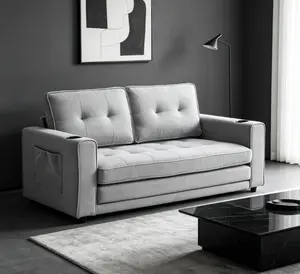 3-in-1 Upholstered Futon Sofa Bed Set - Tufted Foldable Loveseat with Pull-Out Sleeper, Folding Mattress Daybed, Side Pockets, and Cup Holder