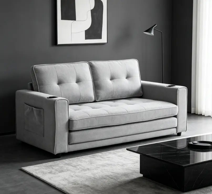 3-in-1 Upholstered Futon Sofa Bed - Tufted Foldable Loveseat with Sponge Pull-Out Sleeper, Compact Folding Mattress Daybed, Side Pockets, Cup Holder, Durable Space-Saving Small Space Living Lounge Couch, Space Saving Solutions