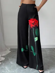Women's Rose Print Wide Leg Loose Legged Pants, Elegant Comfy Trousers for Work Office Business, Ladies Bottoms for All Seasons, Vibrant Pants Women