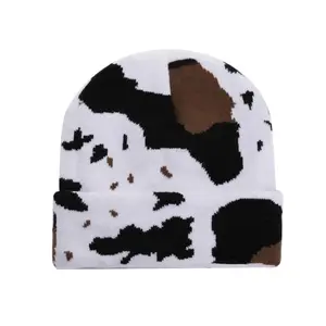 Cow Print Beanie with Fleece Lining Winter Warm Knitted Hat for Women Men Soft Cuffed Skull Cap