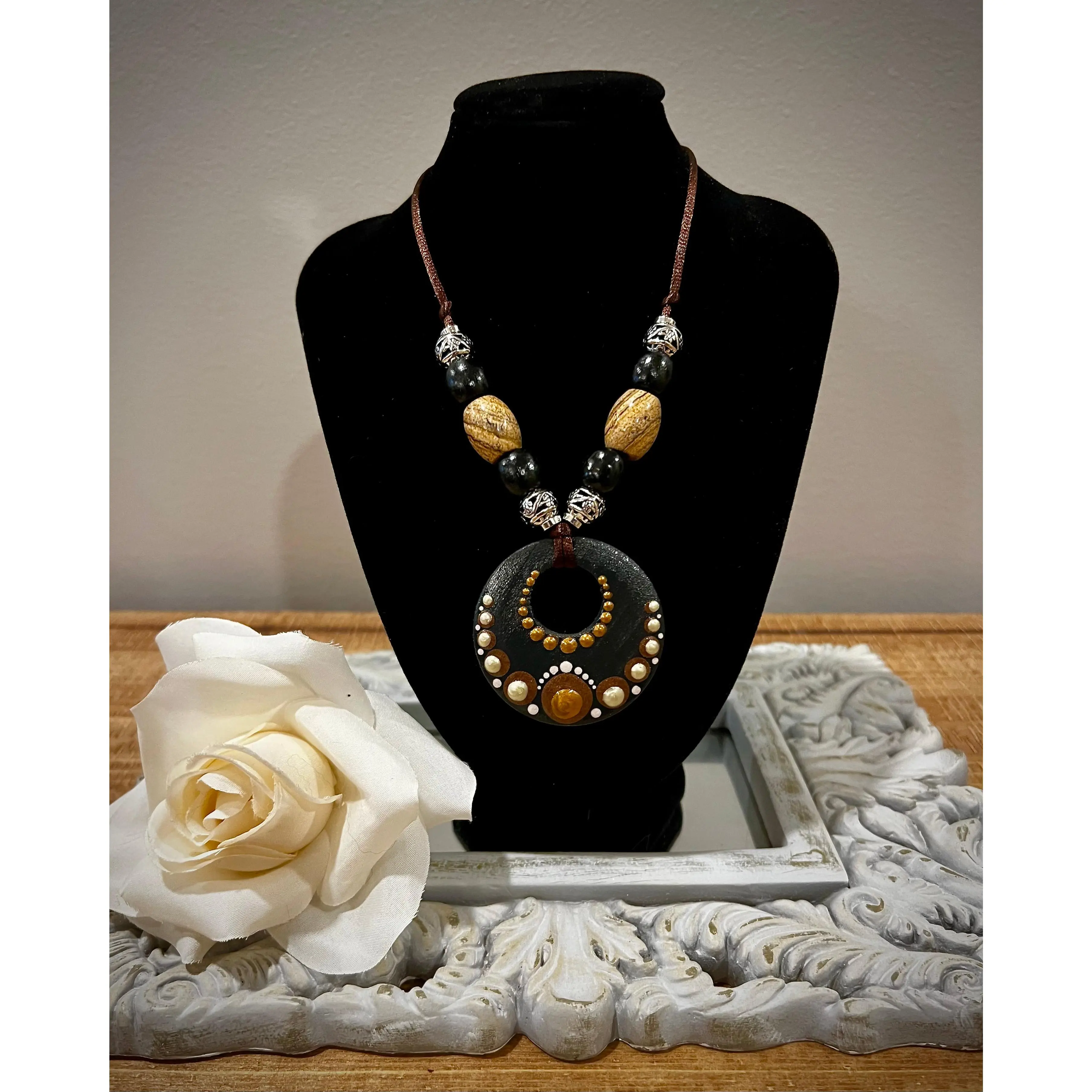 Custom Mandala Necklace: Chocolate Brown with Precious Stone Beads