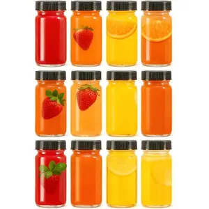 12 Pack 2 oz Glass Shot Mini Bottles with Black Lids - Reusable Leakage-Proof Small Clear Jar for Ginger, Wellness Shot, Juice, Sample, Whiskey, Essentials - Wide Mouth Containers, Dishwasher Safe