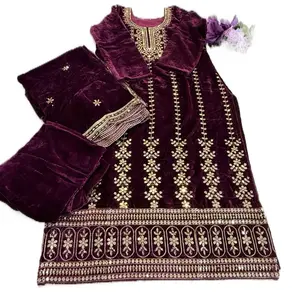 Indian Pakistani Velvet Dress with Elegant Design, Purple Color, and Intricate Beadwork