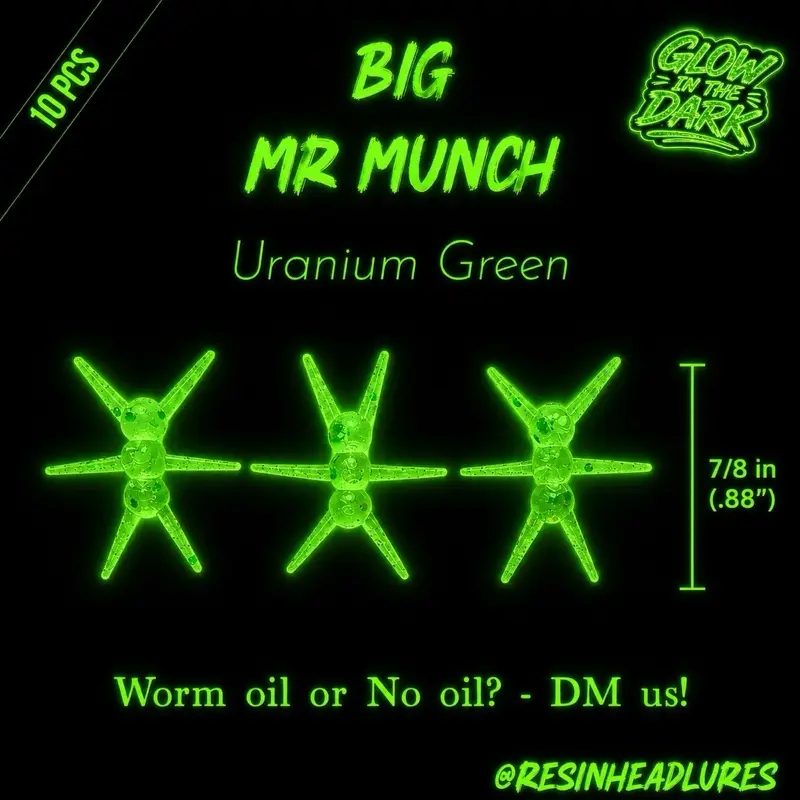 (10 pcs) Handmade GLOW IN THE DARK Ice Fishing Mr Munch Lures for Panfish, Walleyes and More! Hand-injected Soft Plastic Baits.