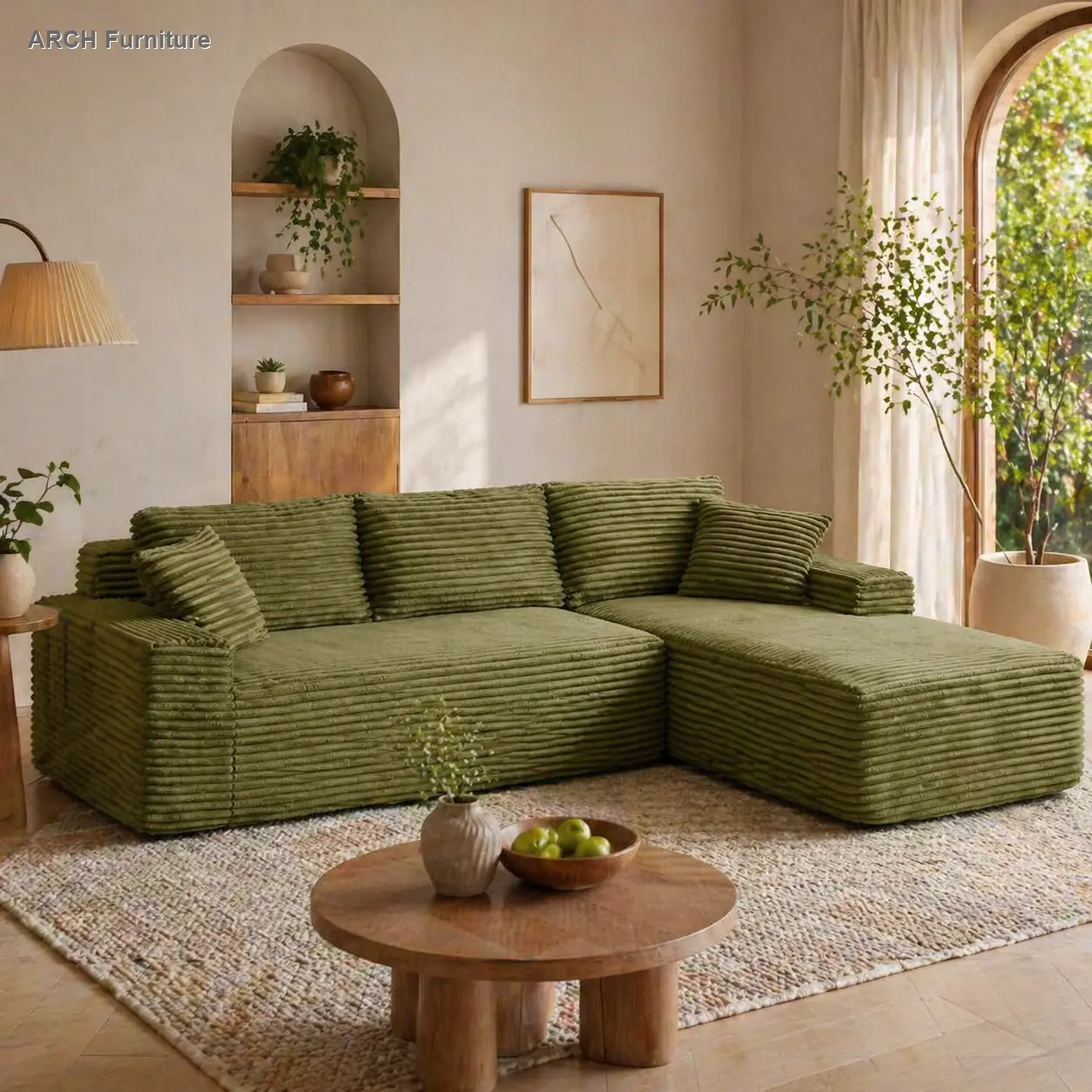 105'' Corduroy Modular Sectional Sofa Set, Modern L-Shape Cloud Couch with Deep Seat & Chaise, Upholstered Furniture for Living Rooms, No Assembly Required (Green), Corduroy Sofa Couch, Modular Sofa Set