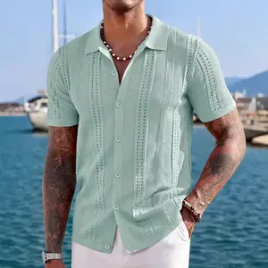 Men’s Knitted Short-Sleeve Polo Shirt, Vintage Casual Summer Beach Shirt with Buttons