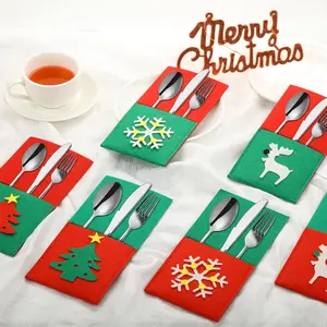 10 Pieces Christmas Silverware Holder Pocket Tableware Cutlery Organizers Felt Xmas Tree Snowman Reindeer Snowflake Stocking Knife Fork Flatware Bags Christmas Party Dinner Table Supplies