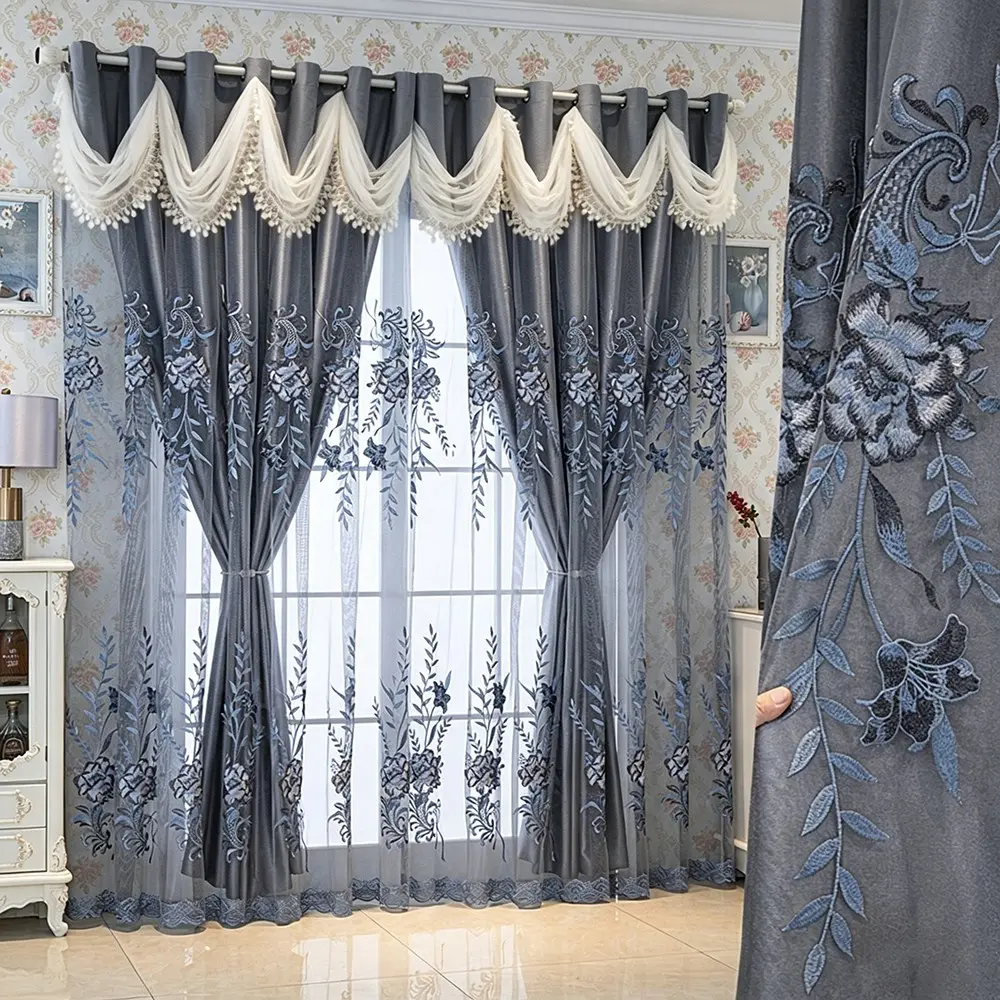 1pc Elegant Floral Embroidered Dual-Layer Window Curtains for Living Room & Bedroom, Light Blocking, Home Decor Curtain Set