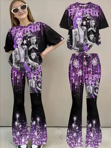 Girls' Cartoon Printed Pants Set, Fitted Long Regular Style, Trendy Sweet Cool Design, Perfect for Casual Wear Clothes