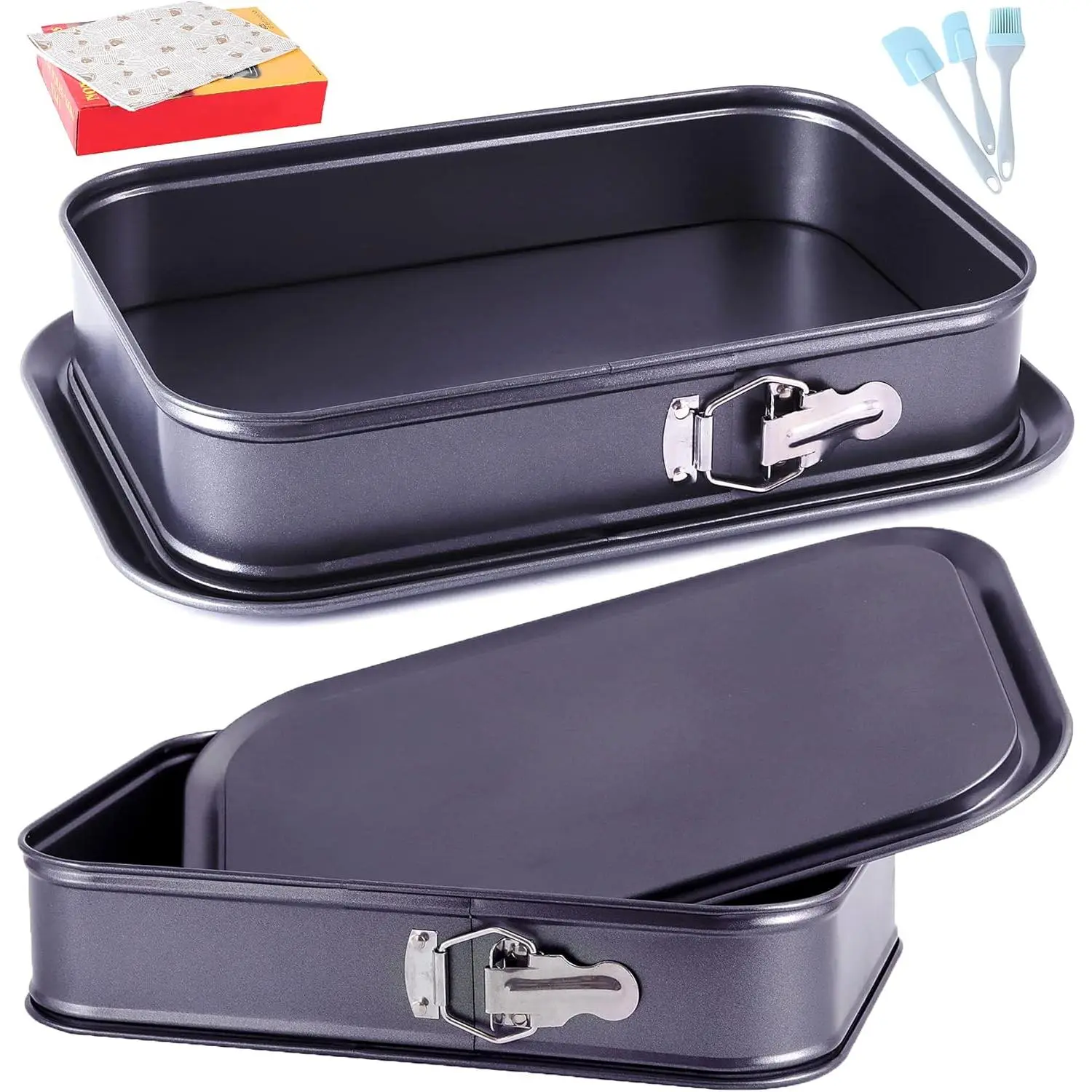 Large Springform Cake Pan, 14 x 11-Inch Rectangle Cheesecake Pan, Tiramisu Bakeware with 50Pcs Wax Paper, 3Pcs Spatula Set, Non-Stick Leakproof Baking Pan Mold