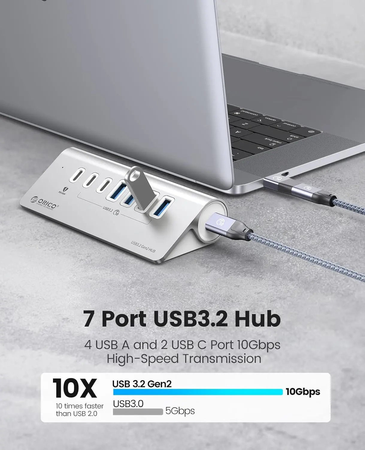 ORICO 7-Port USB 3.2 Gen2 Hub, Powered USB 3.2 Hub with 4 USB-A, 2 USB-C, PD 60W, 72W Power Adapter, 10Gbps Aluminium USB-Splitter with 1.64/3.28Ft USB-C to USB-C Cable for iMac, MacBooks, Mac mini-M3U4C3&M3CU2