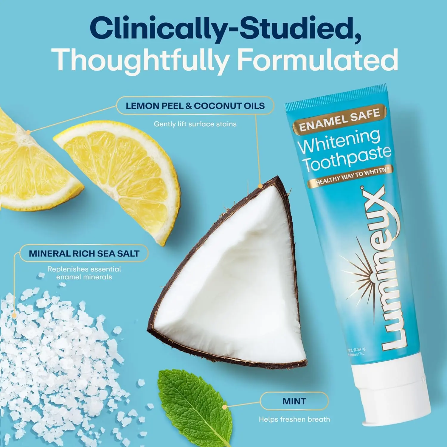 Lumineux Teeth Whitening Toothpaste, Peroxide Free, 3.75 oz, 3 Pack | Enamel safe for sensitive smiles, fluoride free, no alcohol or artificial colors, SLS free, dentist formulated Coconut Daily