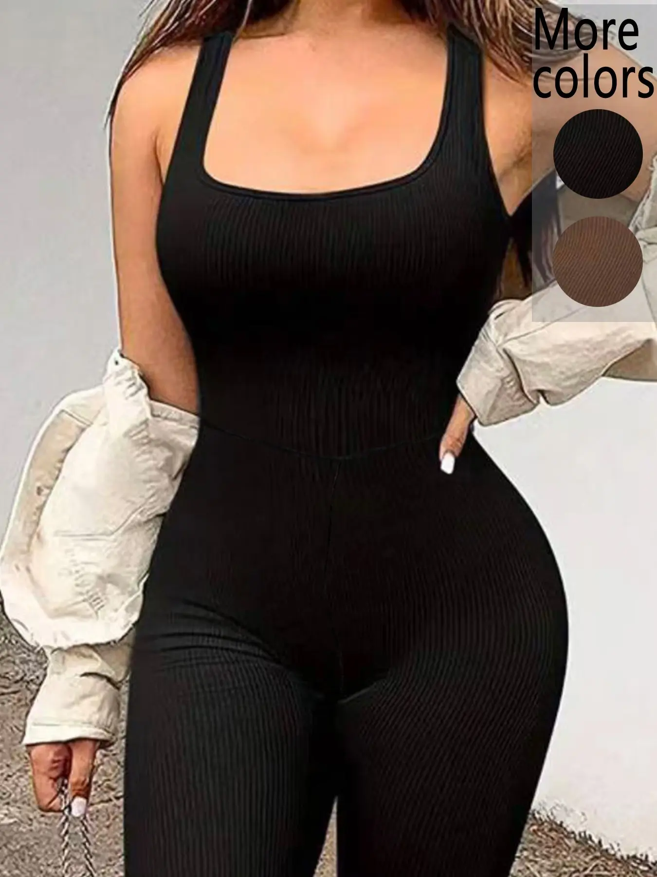 [Plus Size] 1 Piece Women's Solid Crew Neck Long Sleeve Bodycon High Elasticity Jumpsuit, Trendy Street Style, Elastic Stretchy Fabric & Curve-Hugging Fit, Full-Length Skin-Tight Design, For Fashion-Forward Women, Perfect for Streetwear, Casual Dates