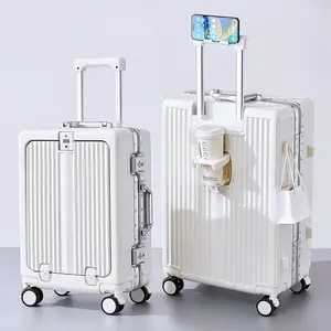 【SAIKIT】Aluminium Frame Luggage | Durable Aluminium Frame Luggage Carry-On 20/24inch with Front Open Pocket for Laptop Large Capacity Travel Cases TSA Customs Lock & Cup Holder for Various travel and business trip needs Back to school season-6605