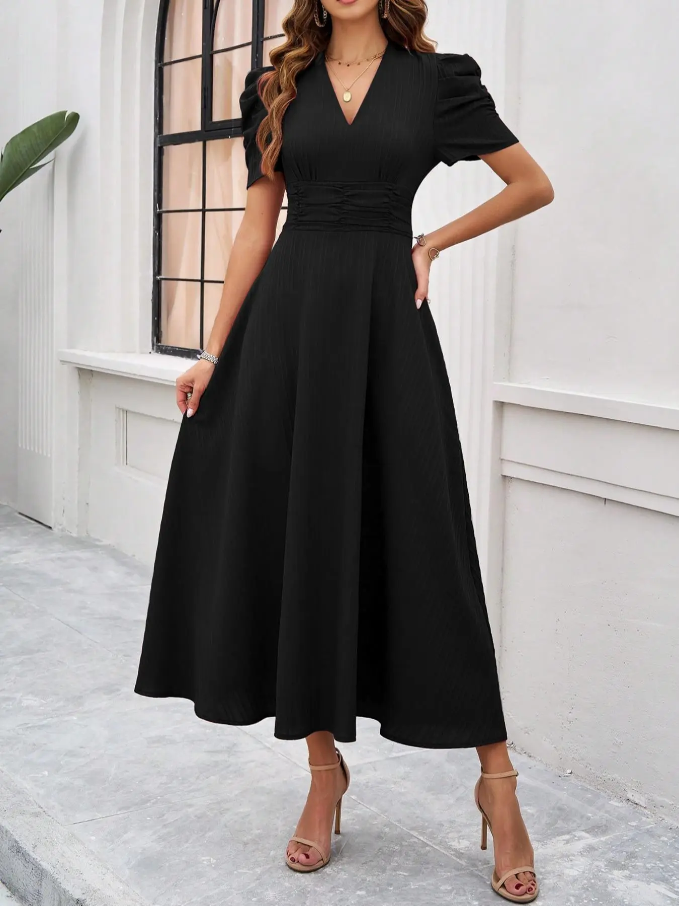 Women's Basic Plain Ruched Puff-Sleeve V-Neck A-Line Long Dress - Elegant Short-Sleeve Zipper-Back Chic Fit for Party Wedding Guest Summer Casual Womenswear, Shortsleeve, Elegance