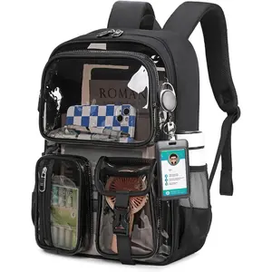 Clear Backpack for School, Heavy Duty Clear Bookbag for Girls Boys Transparent Backpack with Badge Holder, Semi-Black