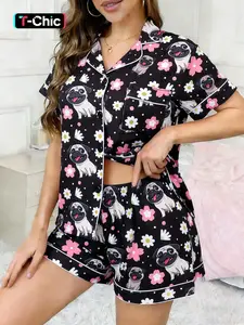 2-piece set of women's black background with floral polka dot bulldog print pattern short sleeved shorts, soft and comfortable button top, small pocket elastic waistband suitable for all seasons home daily casual women's pajama loungewear sleepwear set