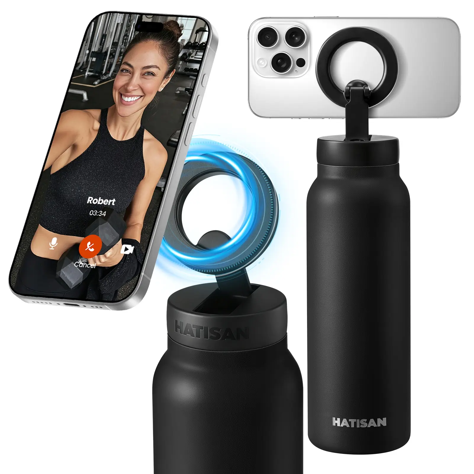 HATISAN Portable Insulated Stainless Steel Reusable Hydration Water Bottle, 24oz Travel-Friendly Tumbler with 360° Rotatable Magnetic Phone Mount, 12Hrs Hot 24Hrs Cold Drinkware for Workouts, Navigation, Reusable Water Bottles, Hydration Water Bottles