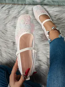 Roses Lace Mary Jane Shoes, French Style Square Toe Ballet Flat, Breathable Mesh + Elastic Strap, Daily Commute Women's Footwear