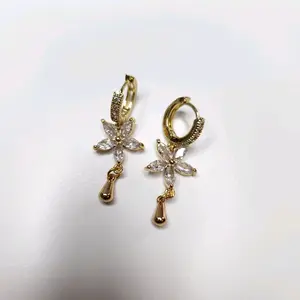 Handmade 18k Gold Plated Floral Huggie Hoop Earring with Crystal Accents and Teardrop Detailing