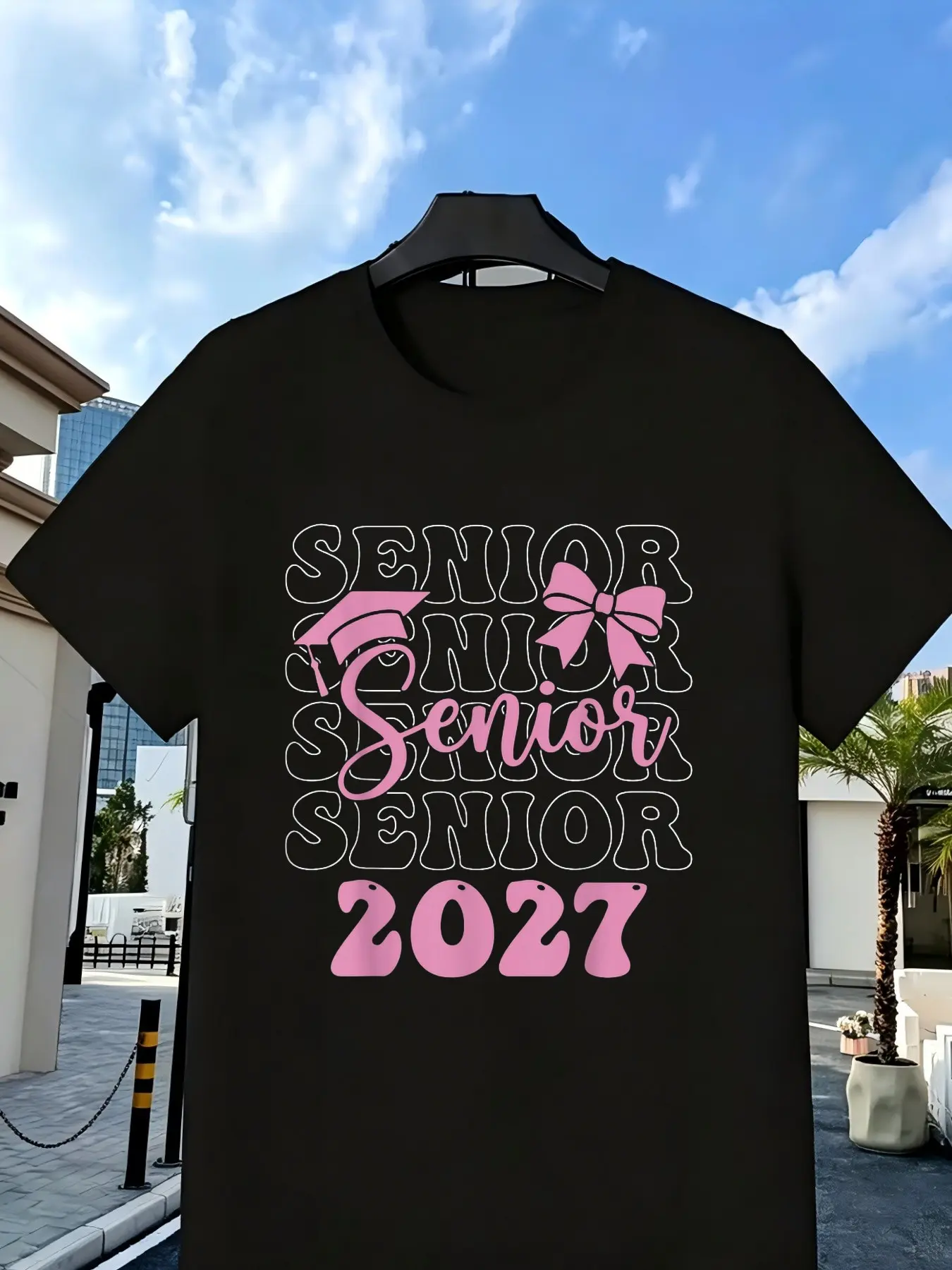 Senior Class of 2027 Graduation Pink Bow T-Shirt 0 unisex soft cotton short sleeve t shirt, vintage graphic casual tee for men women teens, perfect birthday holiday gift for camping travel gym daily street  wear