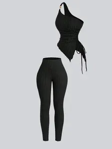 Women's Asymmetric One-Shoulder Knit Top & Ribbed Legging Set: Metallic Tie Closure with Side-Draped Neckline - Solid Color Athleisure Co-ord, Year-Round Versatile Essential for Casual Chic.