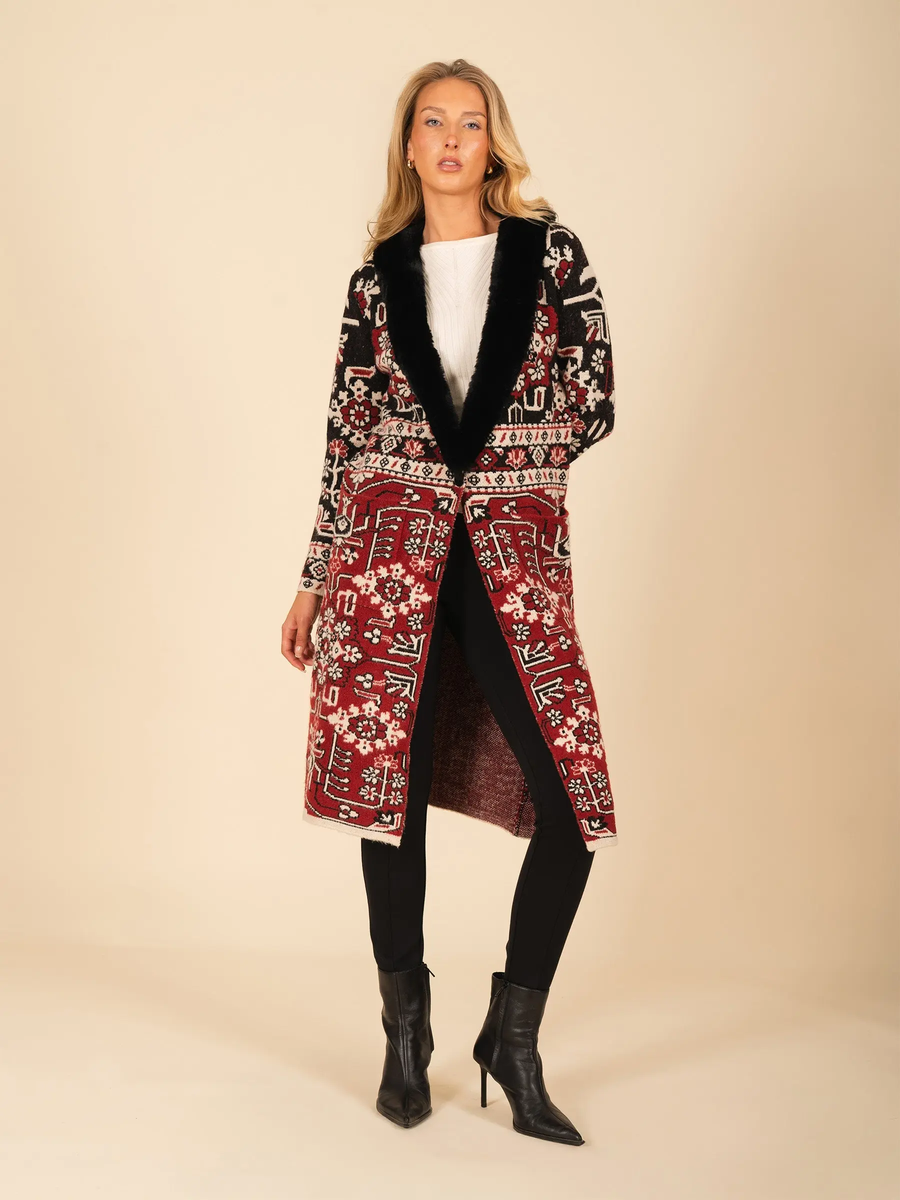 Geometric Floral Intarsia Duster Coat