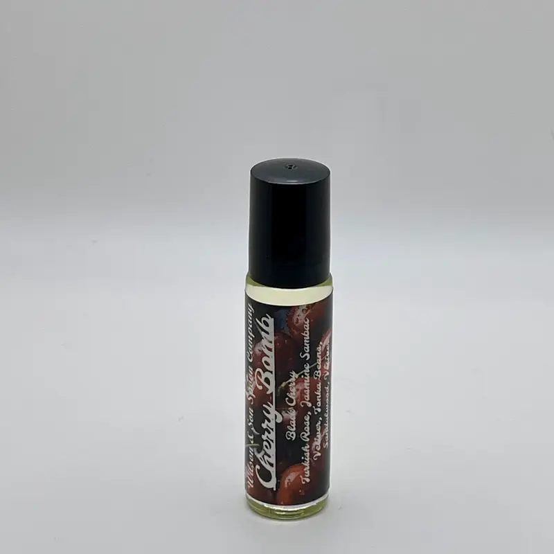 Cherry Bomb Quick Roll-On Beauty Body Oil - Black Cherry, Rose & Jasmine, Tonka Sandalwood Signature Scent, 10 ml Durable Glass Bottle, Single Drops, On-The-Go Travel Size, Nontoxic Vegan Cosmetic, Aromatherapy, 6 Months Shelf Life, Bottled Body Oils