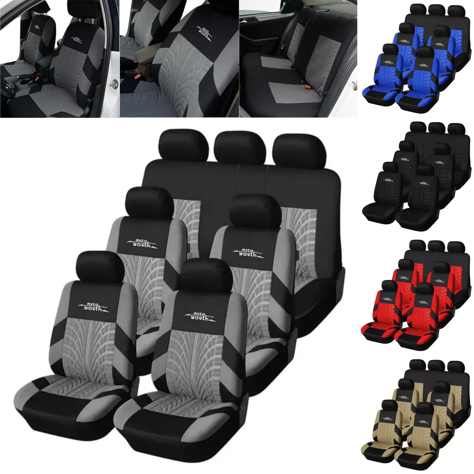 7-Seat Universal Car Seat Covers Set for 4 Single Seats and Rear Bench, Stylish Breathable Fabric Seat Protectors, Airbag Compatible for Most Vehicles, Car Interior Accessories