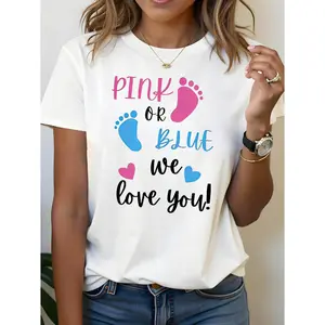 Gender Reveal Pink Or Blue We Love You Graphic Print T - Shirt Women's Spring - Summer Short - Sleeve Crew - Neck Casual T - Shirt, Daily Leisure, Holiday Gift